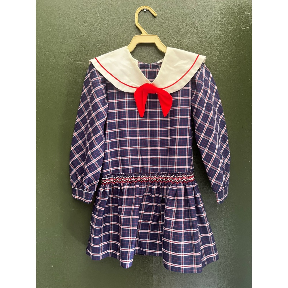 Polly Flinders Vintage Navy Plaid Hand Smocked Sailor Collar Dress Girls Size 5